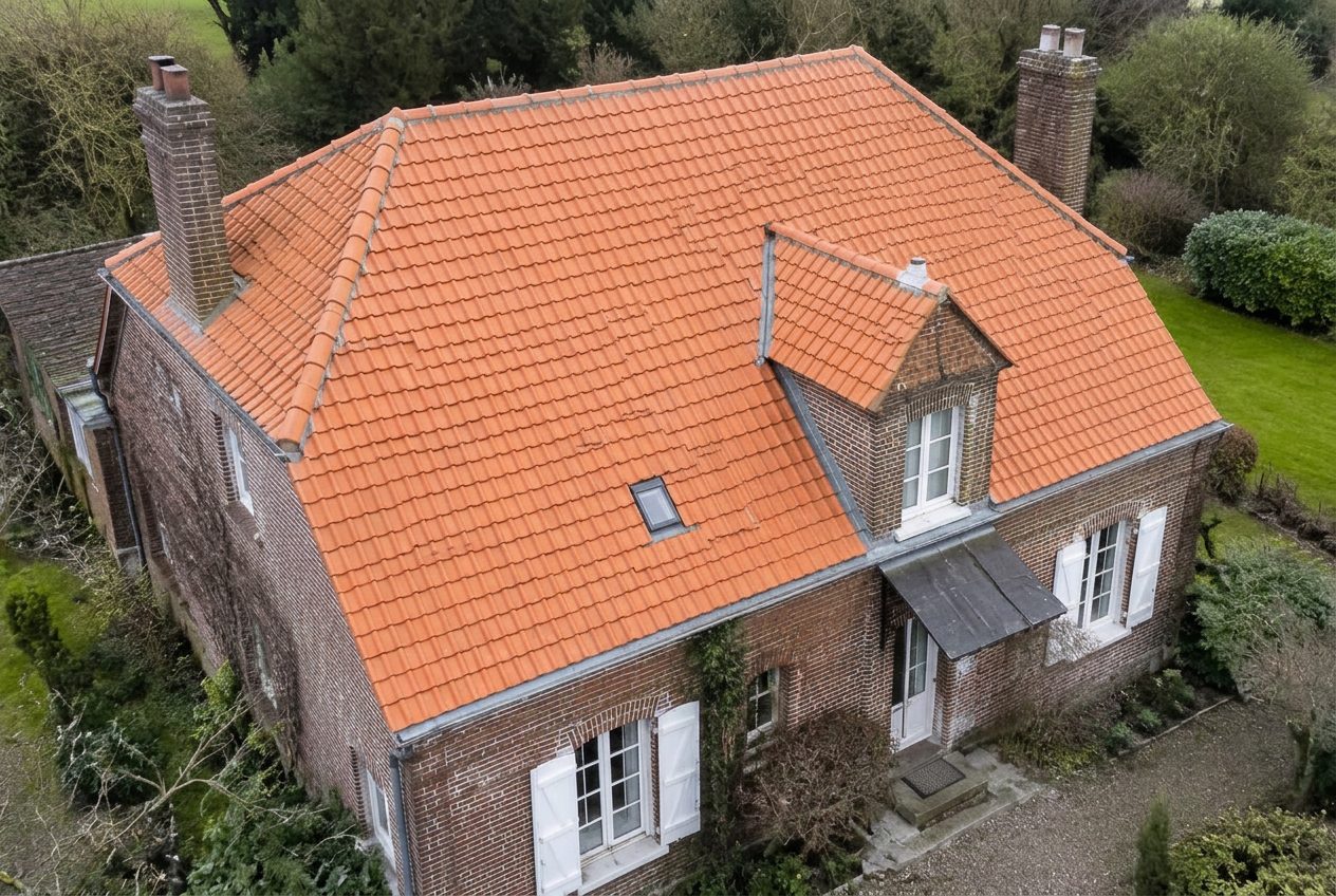 Toiture nettoyée et protégée vue du ciel