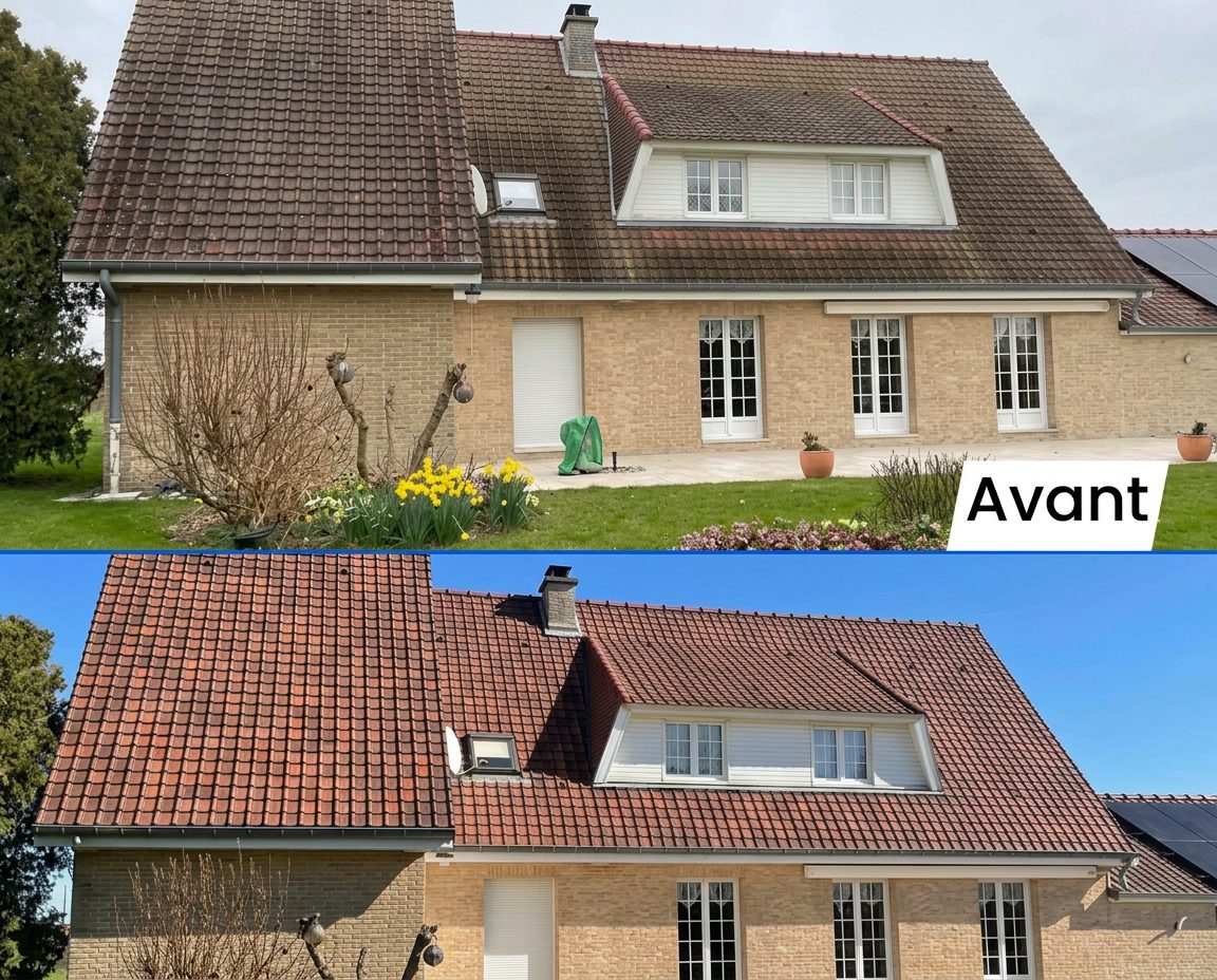 Comparaison avant et après de la toiture en tuiles d'une maison avec une grande lucarne (Saint-Nicolas)