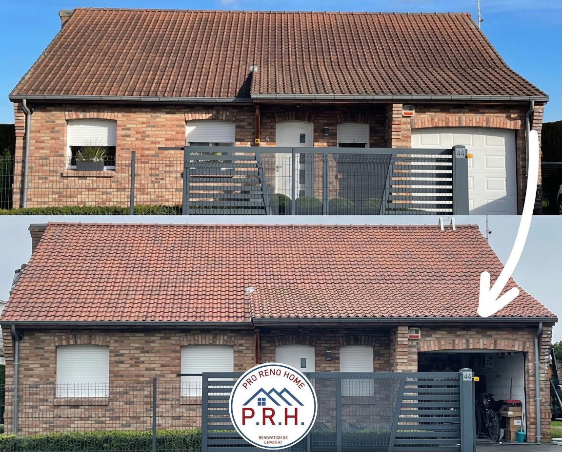 Deux vues d'une maison en briques montrant sa toiture avant et après intervention (Beaurains)