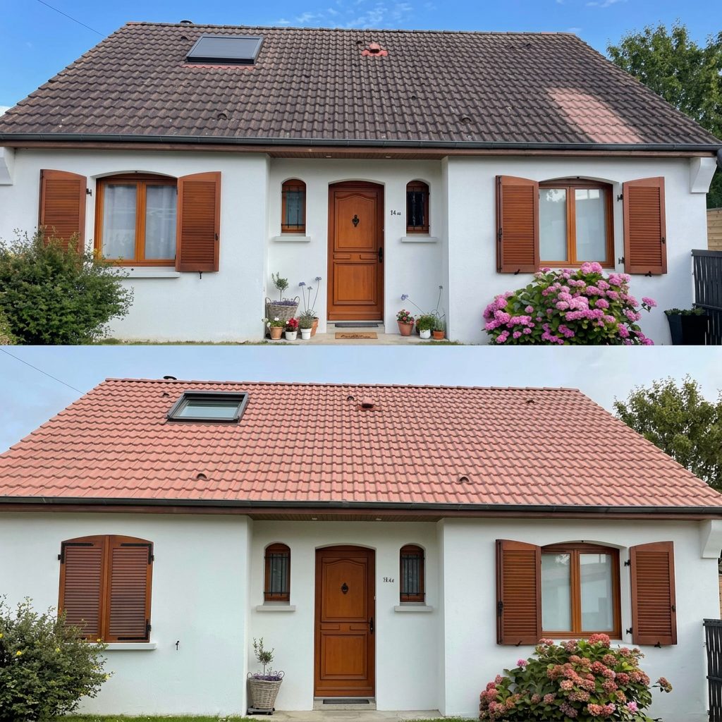 Toiture d'une maison aux volets en bois avant et après intervention, en deux vues superposées (Achicourt)
